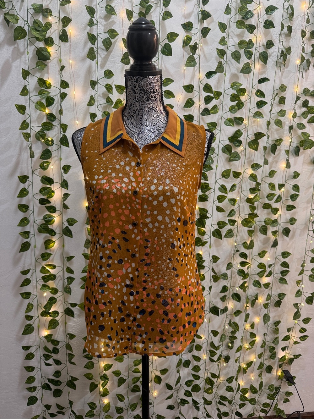 CAbi Mustard Sleeveless Button-Down with Contrast Collar